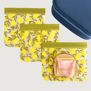 Reusable Lunch Sandwich Bags Set Of 3 Lemon Print BPA Free Dishwasher Safe 8x7in